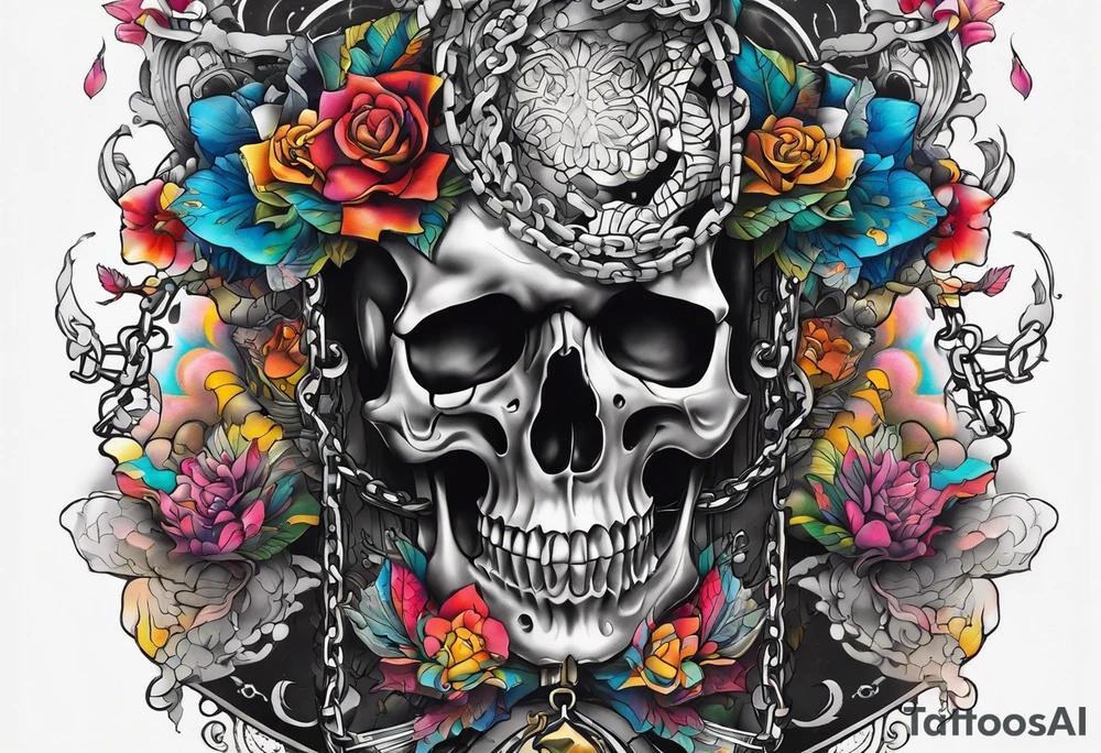 Tattoo in the neck of a skull freeing itself from its chains that prevents it from expressing itself. tattoo idea