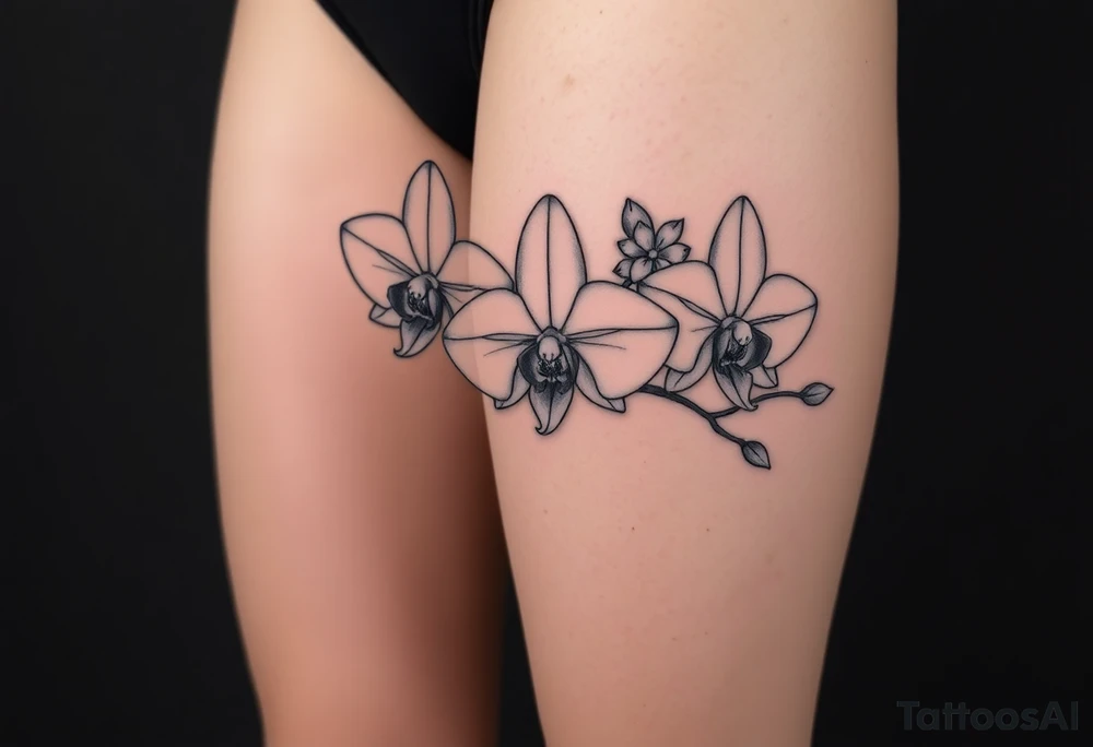 3 delicate fine line orchids realistic with a mix with vagina and branching tattoo idea