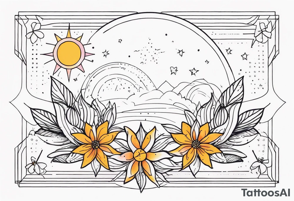 fine line with sun, stars, floral, dots. Sternum tattoo tattoo idea