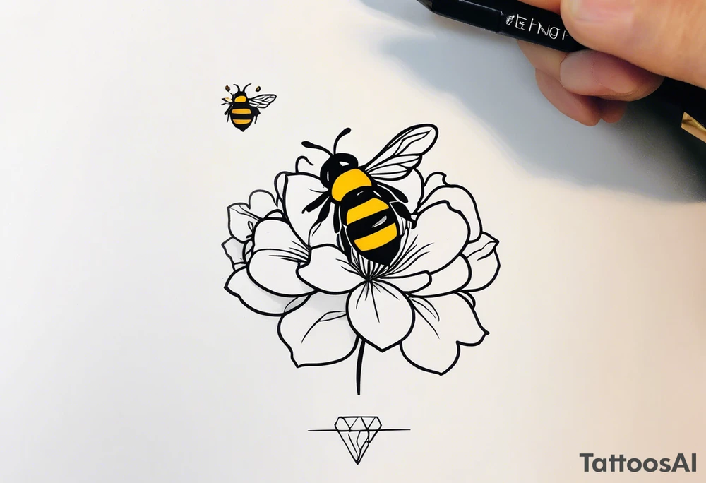 Small tattoo. There’s a hydrangea and a bee but they are not touching. The bee is small and to the left of the hydrangea. tattoo idea