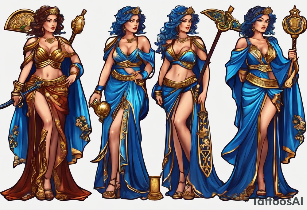 ancient rome clothes women, with Libra in one hand and a sword in the other, blue rose frames, justicia tattoo idea