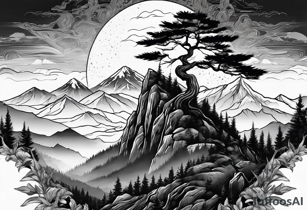 large trees on the side of mountain with mountains and sun tattoo idea