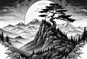 large trees on the side of mountain with mountains and sun tattoo idea