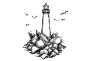 Lighthouse surrounded by boulders in the sea with high waves and seagulls flying around tattoo idea