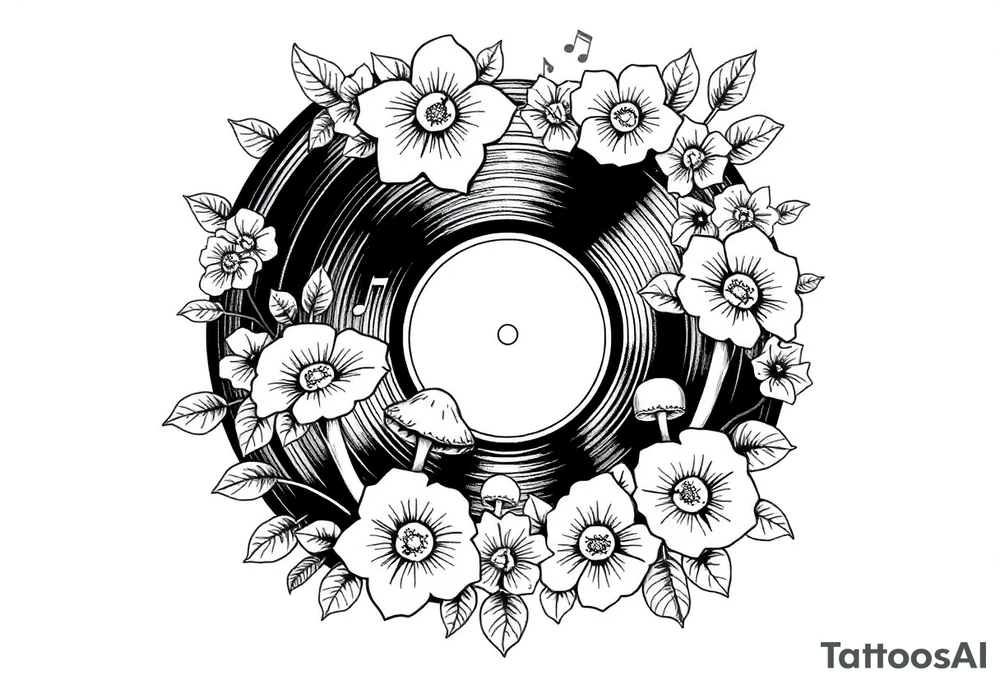 vinyl record surrounded by flowers, mushrooms, and music notes tattoo idea