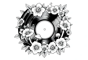 vinyl record surrounded by flowers, mushrooms, and music notes tattoo idea