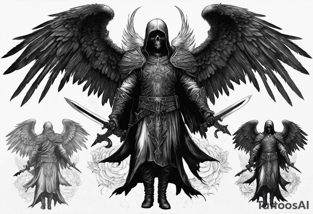 realistic full body of black angel of death, no face, face is not visible, with wings holding only one sword in both hands, the edge of the sword is killing the skull tattoo idea