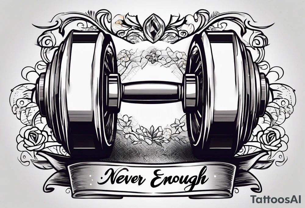 Dumbell with writing text : never enough tattoo idea