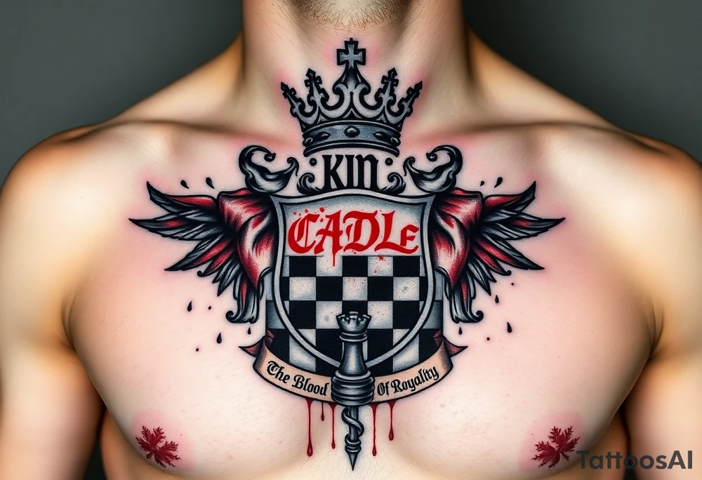 Men Crest  with A king crown on top, CAUDLE written inside red, a chessboard, blood splatter on top of two red racing flags & OTF inside, Smoke surrounding the outside of the crest, & The Words The Blood Of Royalty in red underneath the crest & a King chess piece surrounding the outside of the crest, And raining blood tattoo idea