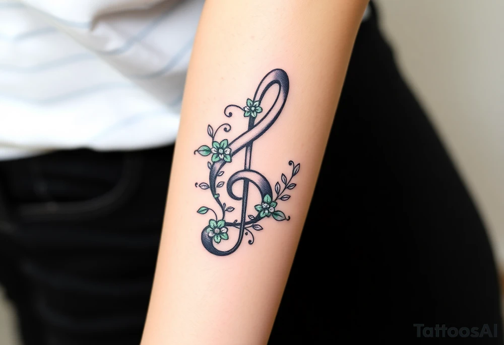 A treble clef with intricate floral vines, wrapping around the staff in soft green and lavender tones tattoo idea