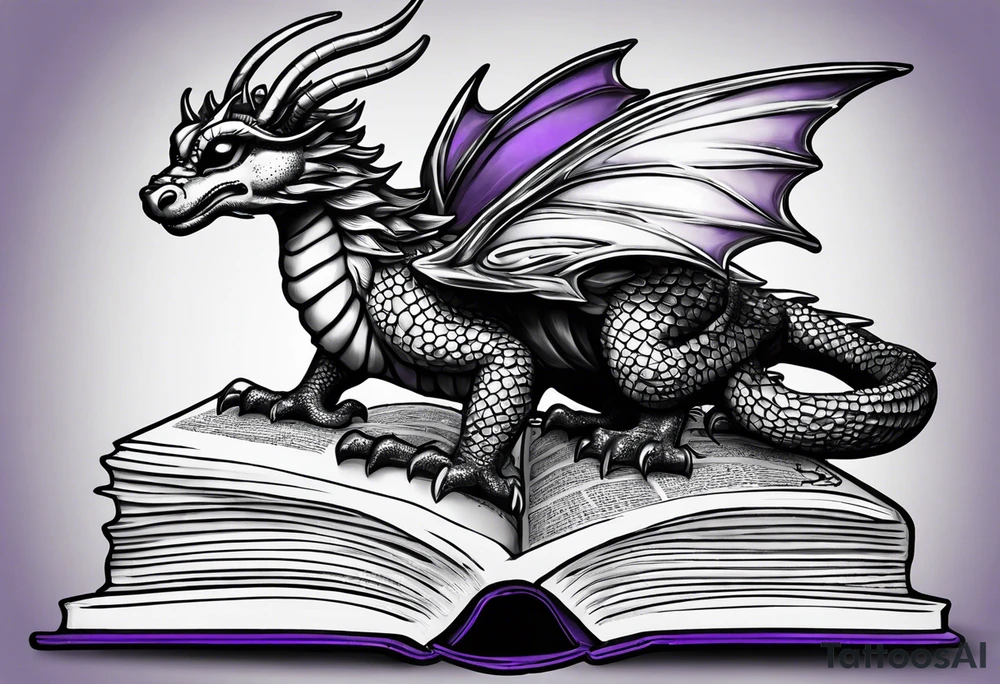 an open book. Above the book, a small dragon, flies. a pawn chess piece. Below the book, a cluster of lavender flowers, with a bumblebee tattoo idea