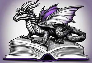 an open book. Above the book, a small dragon, flies. a pawn chess piece. Below the book, a cluster of lavender flowers, with a bumblebee tattoo idea