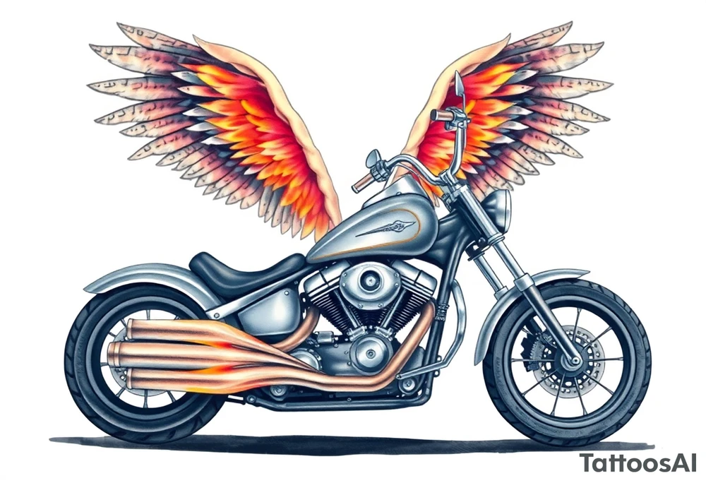 Low rider grey motorcycle, big muffler pipes with flames, angel wings, driving away, no person tattoo idea