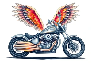 Low rider grey motorcycle, big muffler pipes with flames, angel wings, driving away, no person tattoo idea