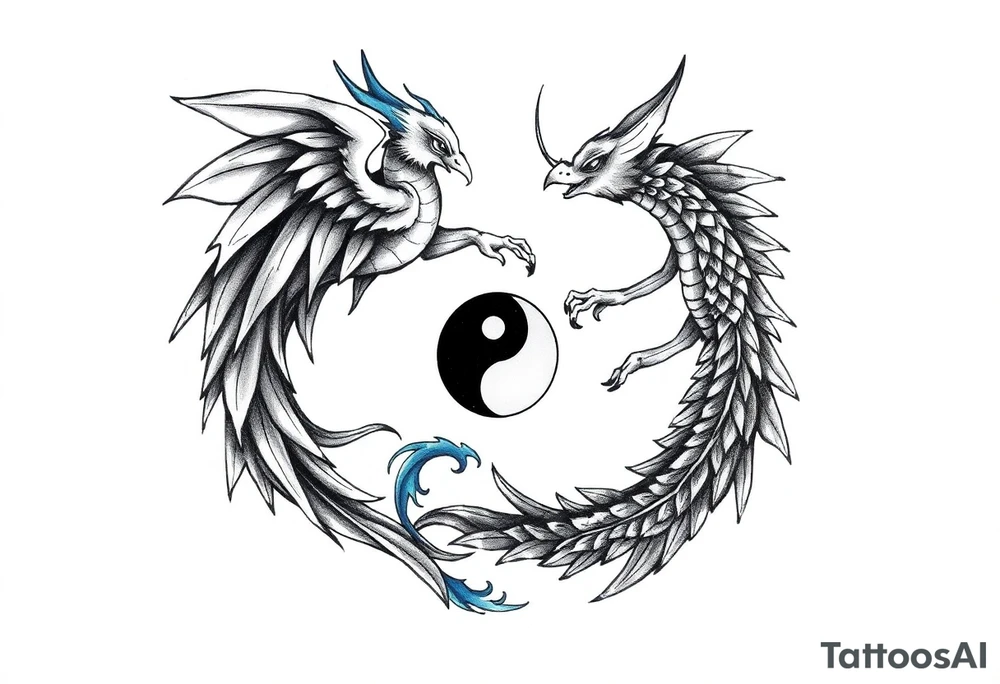 Blue Phoenix and dragon yin and yang tattoo idea