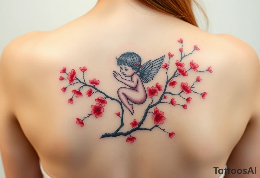 A tatoo in the back of a baby angel on the cherry red blossom tree tattoo idea