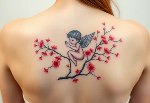 A tatoo in the back of a baby angel on the cherry red blossom tree tattoo idea