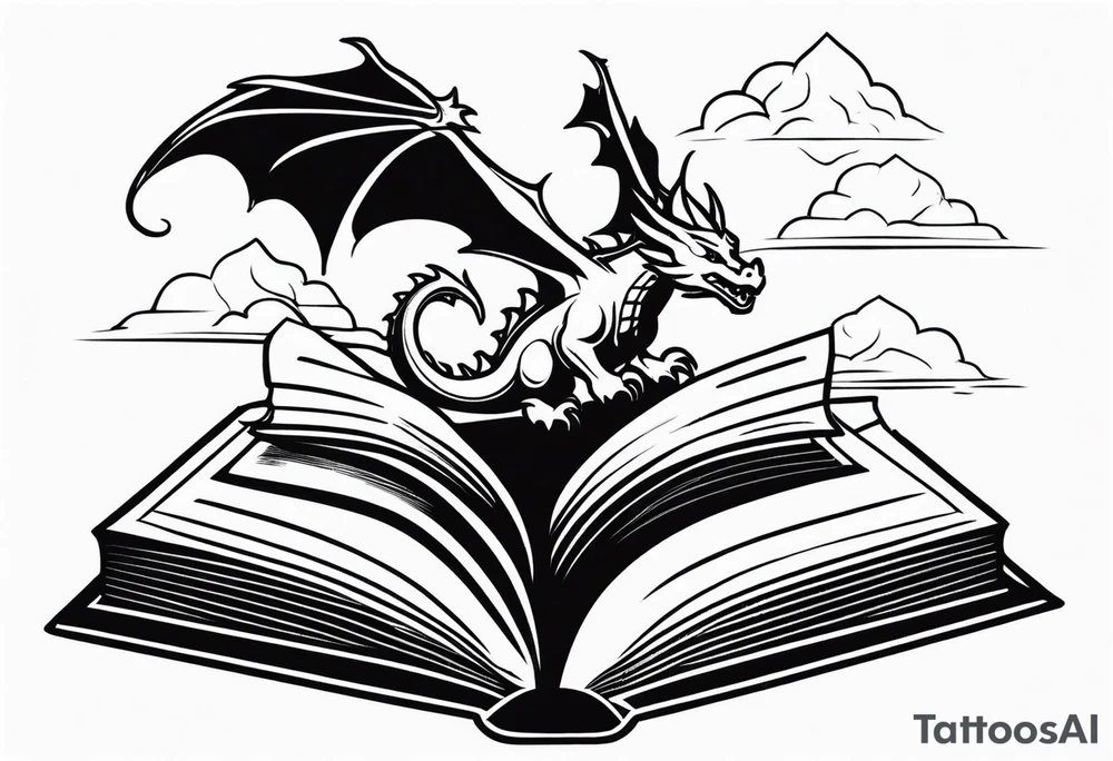 An open magic book. a tiny dragon with four legs flying in the sky. three mountains coming out of the book tattoo idea