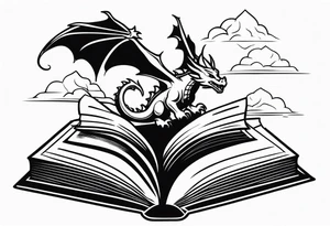 An open magic book. a tiny dragon with four legs flying in the sky. three mountains coming out of the book tattoo idea