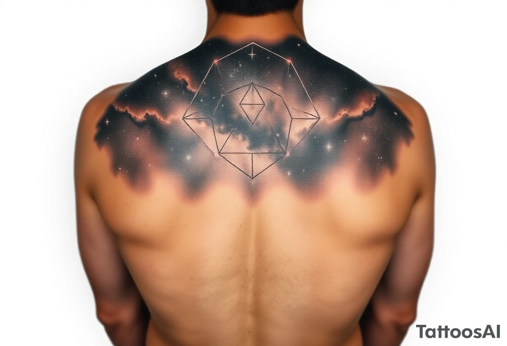 full milky way that covers the upper middle back and is geometric. also has Has hues of color tattoo idea