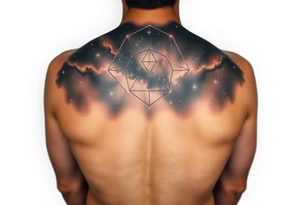 full milky way that covers the upper middle back and is geometric. also has Has hues of color tattoo idea