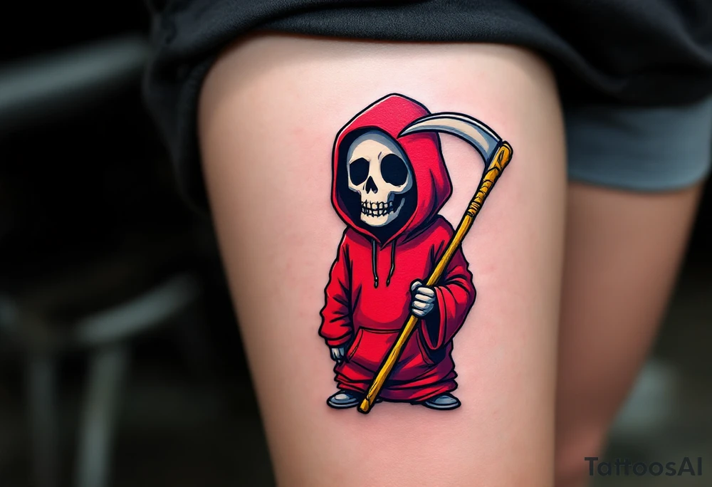 A cartoon-style Grim Reaper in a bright red hoodie holding a yellow scythe. tattoo idea