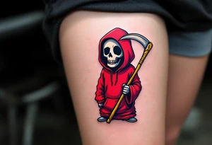 A cartoon-style Grim Reaper in a bright red hoodie holding a yellow scythe. tattoo idea