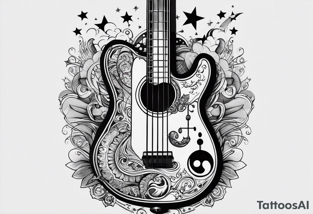 A well balanced tattoo full left arm with the following images: a bass guitar, 2 stars, 1 quarter moon, a caduceus symbol and a mickey mouse tattoo idea