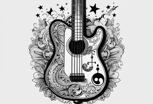 A well balanced tattoo full left arm with the following images: a bass guitar, 2 stars, 1 quarter moon, a caduceus symbol and a mickey mouse tattoo idea