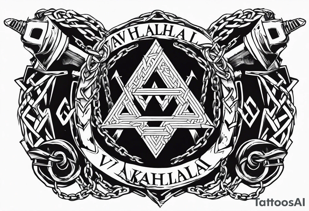 Valhalla sword shield axe barbed wire chains valknut tattoo idea