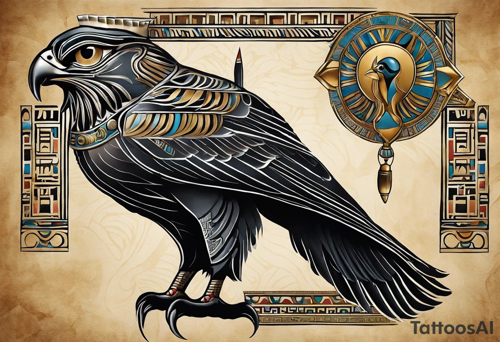 The tattoo depicts Horus, the falcon-headed god of the sky and kingship, in a dynamic and powerful stance. His falcon head is detailed with sharp, lifelike feathers and intense eyes, capturing his vigilant and authoritative nature. His human body is adorned with traditional Egyptian attire, including the crown of Upper and Lower Egypt. Horus is often shown with an outstretched wing or holding a scepter, which is intricately detailed. The realistic shading and attention to anatomical detail emphasize his strength and regal bearing. tattoo idea