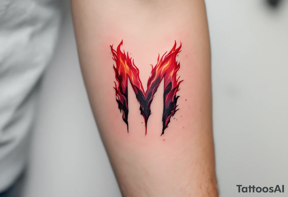 A flame-tipped "M" in gradient red to black, suggesting intensity and strength. tattoo idea