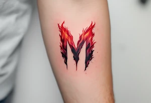 A flame-tipped "M" in gradient red to black, suggesting intensity and strength. tattoo idea