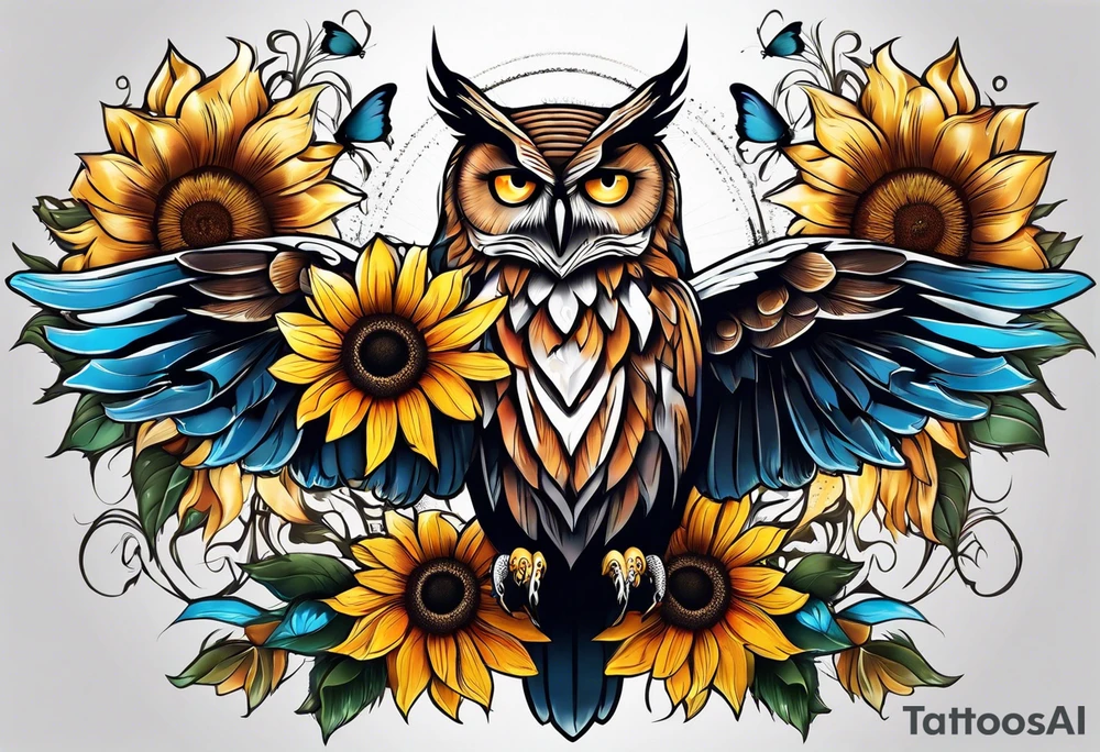 Sleeve with an owl, sunflower and butterfly tattoo idea