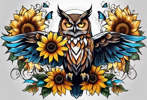 Sleeve with an owl, sunflower and butterfly tattoo idea