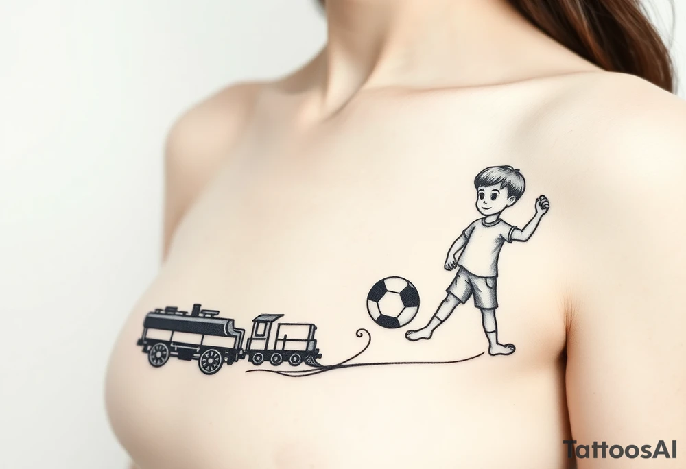 A mother with two boys, a small train toy and a small football toy. tattoo idea