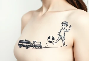 A mother with two boys, a small train toy and a small football toy. tattoo idea