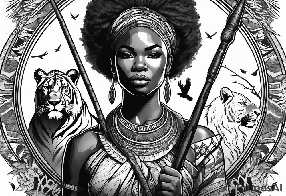 African woman warrior holding a spear with birds and lion in the background tattoo idea
