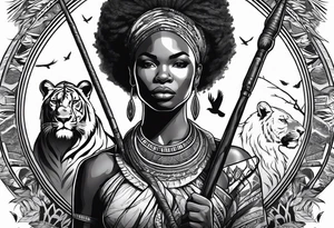 African woman warrior holding a spear with birds and lion in the background tattoo idea