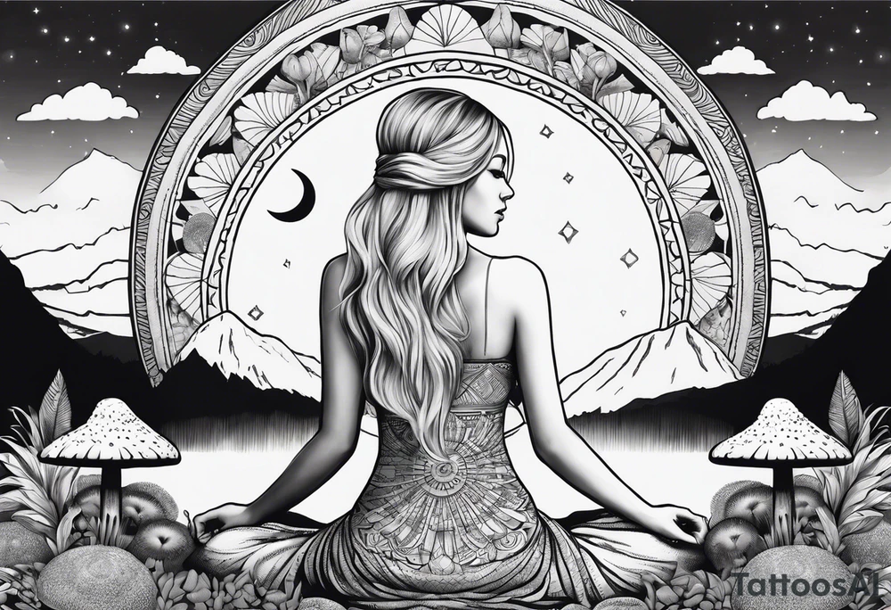 Straight blonde hair girl meditating facing away toward mountains surrounded by mushrooms crescent moon mandala circular design black and white striped dress tattoo idea