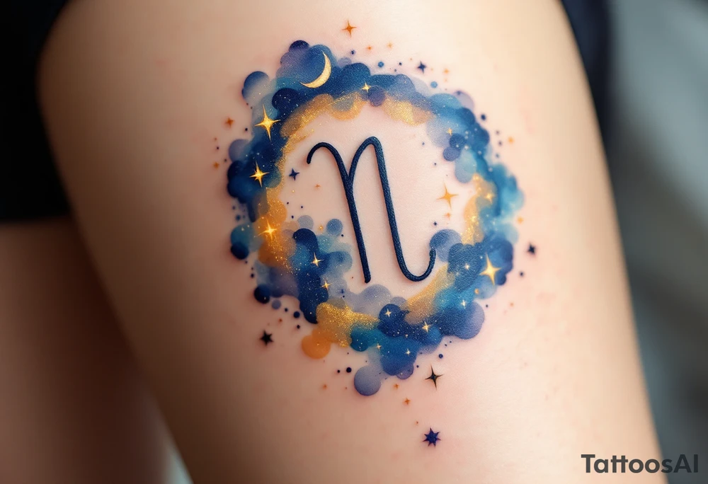 A sleek Virgo zodiac symbol (♍) embedded within a celestial design. Surrounding it are glowing stars, a crescent moon, and swirling cosmic dust in deep midnight blue and shimmering gold, representing Virgo’s connection to intelligence and mysticism. tattoo idea