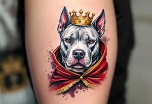 Crowned pitbull with royal cape, silver-gray fur, deep red velvet cape with gold trim, a golden crown set slightly crooked for a touch of character. tattoo idea