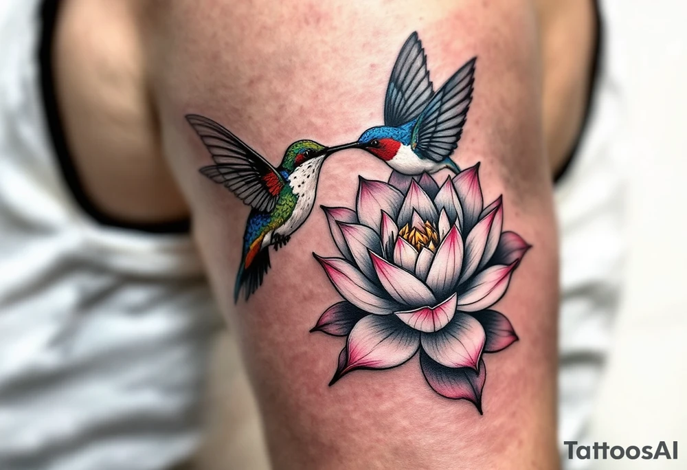 A Hummingbird Drinking from a Lotus Flower (only red, blue and black are possible colors) tattoo idea