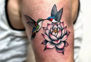 A Hummingbird Drinking from a Lotus Flower (only red, blue and black are possible colors) tattoo idea