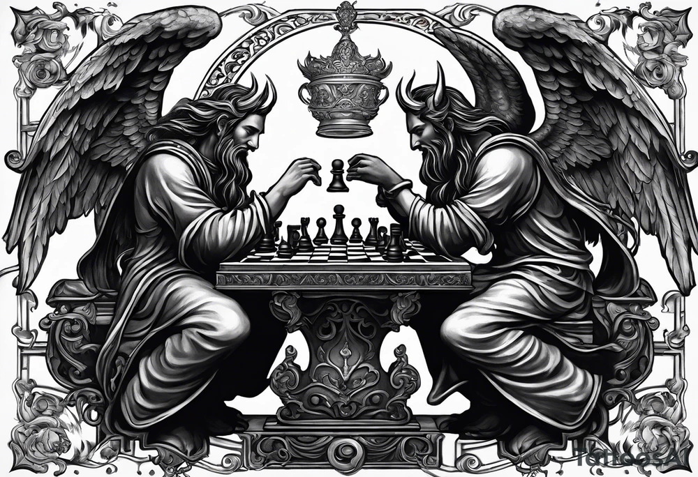 Depict an angel and demon playing chess on a board that morphs from celestial clouds to fiery inferno, representing the merging of the spiritual realms in the eternal game tattoo idea