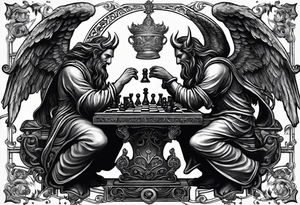 Depict an angel and demon playing chess on a board that morphs from celestial clouds to fiery inferno, representing the merging of the spiritual realms in the eternal game tattoo idea