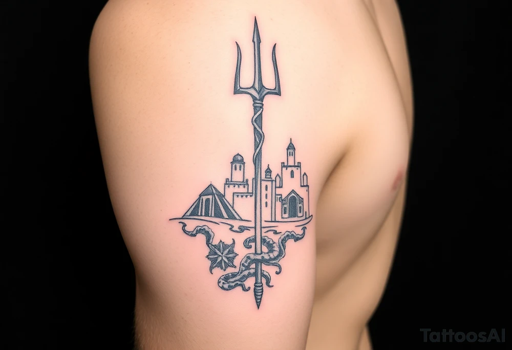 trident on arm with Atlantis background tattoo idea