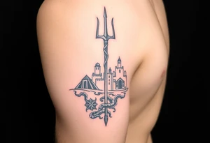 trident on arm with Atlantis background tattoo idea