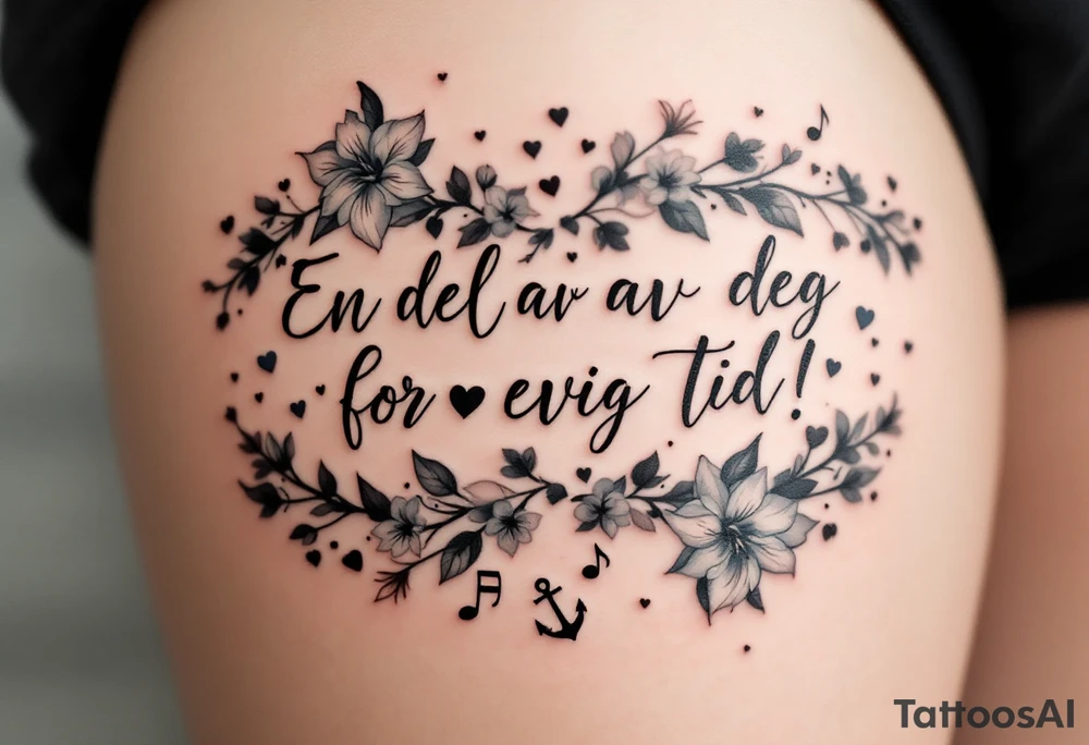 Quote in two rows; En del av deg for evig tid! Pappa, 20.12.24. Surround the quote with gladioluses on both sides, hearts, music notes and an anchor. tattoo idea