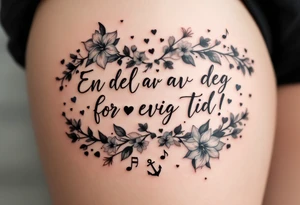 Quote in two rows; En del av deg for evig tid! Pappa, 20.12.24. Surround the quote with gladioluses on both sides, hearts, music notes and an anchor. tattoo idea